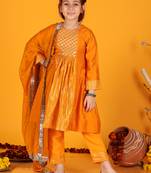 Jilmil girls anarkali neon orange silk dress with pant & dupatta (set of 3)