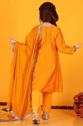 Jilmil girls anarkali neon orange silk dress with pant & dupatta (set of 3)