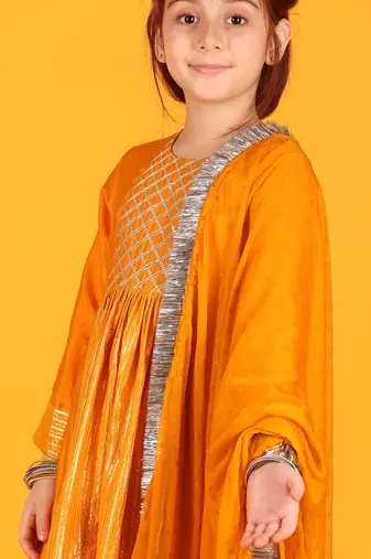Jilmil girls anarkali neon orange silk dress with pant & dupatta (set of 3)