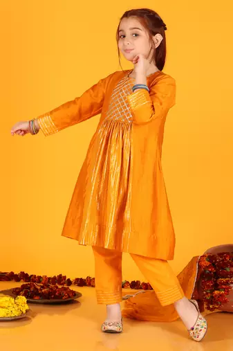 Jilmil girls anarkali neon orange silk dress with pant & dupatta (set of 3)