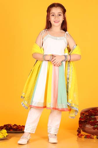 Jilmil girls white multicolor cotton dress with pant & dupatta (set of 3)