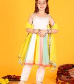 Jilmil girls white multicolor cotton dress with pant & dupatta (set of 3)