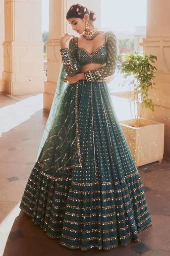 GLAMOROUS BOTTLE WOMEN'S GREEN SEQUINS AND ZARI EMBROIDERED FAUX GEORGETTE LEHENGA CHOLI FOR WEDDING