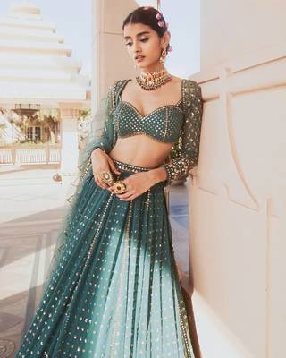 BOTTLE GREEN SEQUINS AND ZARI EMBROIDERED FAUX GEORGETTE LEHENGA SET WITH CHOLI AND DUPATTA 2