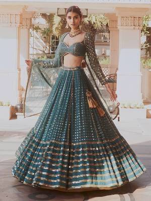 BOTTLE GREEN SEQUINS AND ZARI EMBROIDERED FAUX GEORGETTE LEHENGA SET WITH CHOLI AND DUPATTA 3