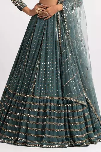 BOTTLE GREEN SEQUINS AND ZARI EMBROIDERED FAUX GEORGETTE LEHENGA SET WITH CHOLI AND DUPATTA
