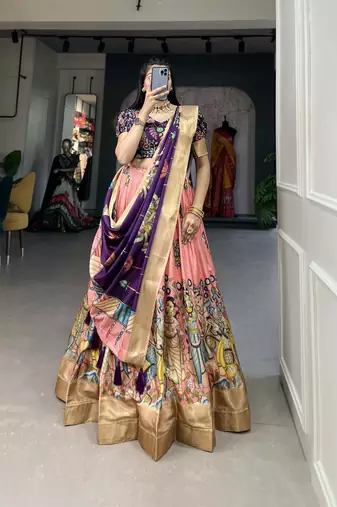 Women's Dola Silk With Kalamkari Print Lehenga Choli Set