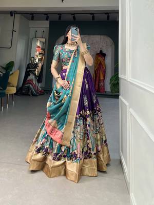 Yana Fab Teal Green Silk Kalamkari Printed Circular Lehenga Choli Set 1