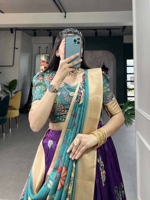 Yana Fab Teal Green Silk Kalamkari Printed Circular Lehenga Choli Set 3
