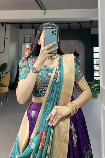 Yana Fab Teal Green Silk Kalamkari Printed Circular Lehenga Choli Set