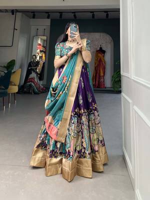 Yana Fab Teal Green Silk Kalamkari Printed Circular Lehenga Choli Set 4