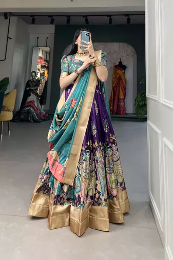 Yana Fab Teal Green Silk Kalamkari Printed Circular Lehenga Choli Set