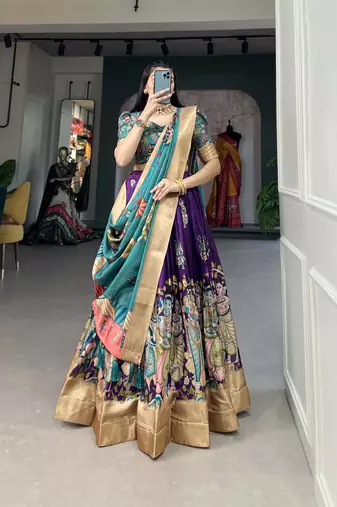 Yana Fab Teal Green Silk Kalamkari Printed Circular Lehenga Choli Set