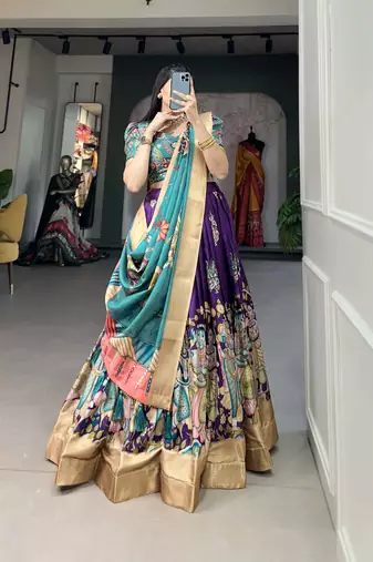 Yana Fab Teal Green Silk Kalamkari Printed Circular Lehenga Choli Set
