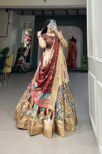 Women's Dola Silk With Kalamkari Print Lehenga Choli Set