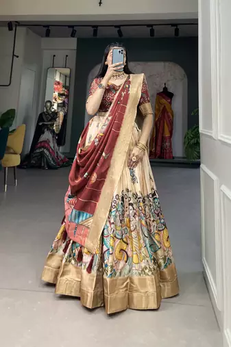 Women's Dola Silk With Kalamkari Print Lehenga Choli Set