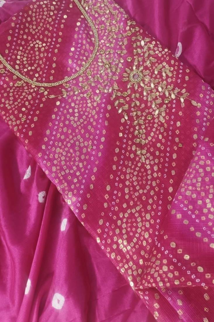 Pink Jacquard Bandhani Print and Thread Embroidered Salwar Suit Unstitched Dress Material