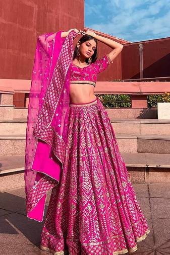 GLAMOROUS WOMEN'S RANI PINK CHAPAT ZARI AND DORI EMBROIDERED MALAI SATIN SILK LEHENGA CHOLI FOR WEDDING