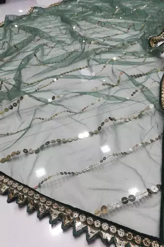 BOTTLE GREEN SEQUINS AND ZARI EMBROIDERED FAUX GEORGETTE LEHENGA SET WITH CHOLI AND DUPATTA