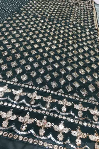 BOTTLE GREEN SEQUINS AND ZARI EMBROIDERED FAUX GEORGETTE LEHENGA SET WITH CHOLI AND DUPATTA