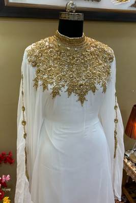  Grand White Farasha Gown with Intricate Gold Zari Work | Luxury Wedding & Event Wear 2