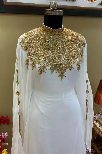  Grand White Farasha Gown with Intricate Gold Zari Work | Luxury Wedding & Event Wear