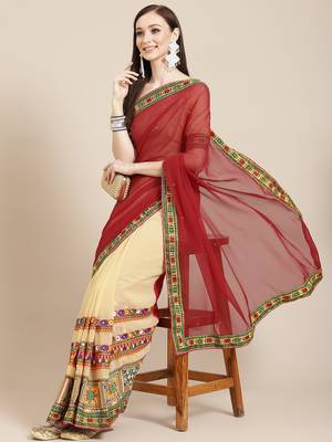 Riva enterprise women's georgette with heavy kuthi embroidered work party wear saree 1