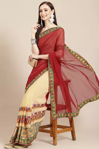 Riva enterprise women's georgette with heavy kuthi embroidered work party wear saree