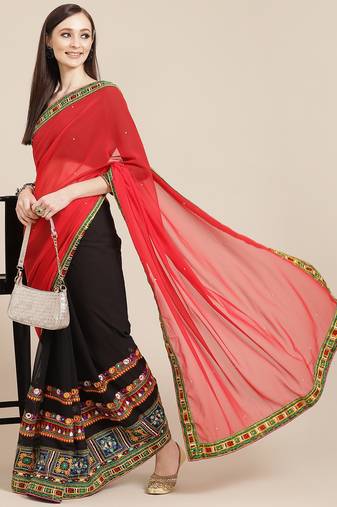 Riva enterprise women's georgette with heavy kuthi embroidered work party wear saree