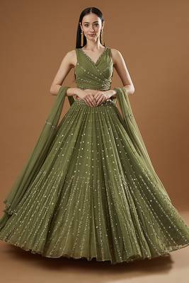 GLAMOROUS WOMEN'S OLIVE GREEN ZARI AND THREAD EMBROIDERED GEORGETTE SEMI STITCHEED LEHENGA 1