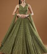 GLAMOROUS WOMEN'S OLIVE GREEN ZARI AND THREAD EMBROIDERED GEORGETTE SEMI STITCHEED LEHENGA