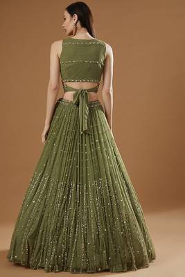GLAMOROUS WOMEN'S OLIVE GREEN ZARI AND THREAD EMBROIDERED GEORGETTE SEMI STITCHEED LEHENGA 3