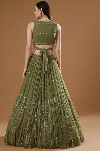 GLAMOROUS WOMEN'S OLIVE GREEN ZARI AND THREAD EMBROIDERED GEORGETTE SEMI STITCHEED LEHENGA