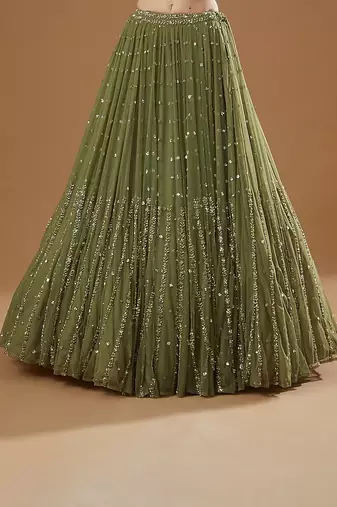 GLAMOROUS WOMEN'S OLIVE GREEN ZARI AND THREAD EMBROIDERED GEORGETTE SEMI STITCHEED LEHENGA