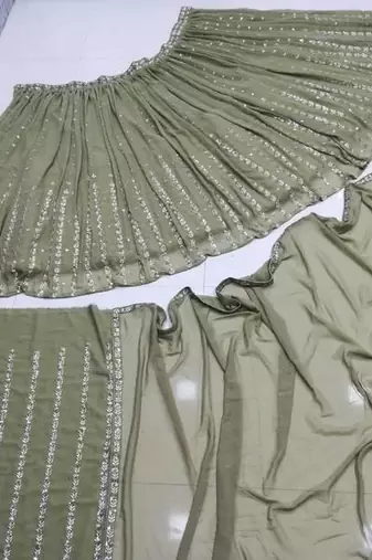 GLAMOROUS WOMEN'S OLIVE GREEN ZARI AND THREAD EMBROIDERED GEORGETTE SEMI STITCHEED LEHENGA