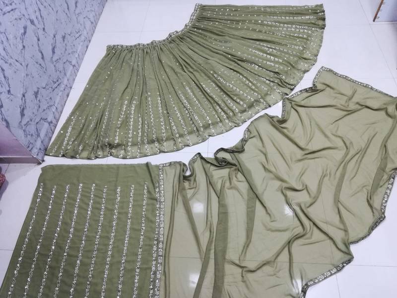 GLAMOROUS WOMEN'S OLIVE GREEN ZARI AND THREAD EMBROIDERED GEORGETTE SEMI STITCHEED LEHENGA