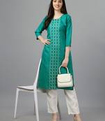 Women embroidered cotton blend straight kurta (dark green)