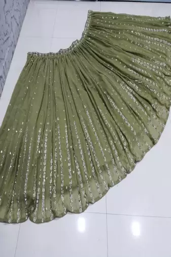 GLAMOROUS WOMEN'S OLIVE GREEN ZARI AND THREAD EMBROIDERED GEORGETTE SEMI STITCHEED LEHENGA