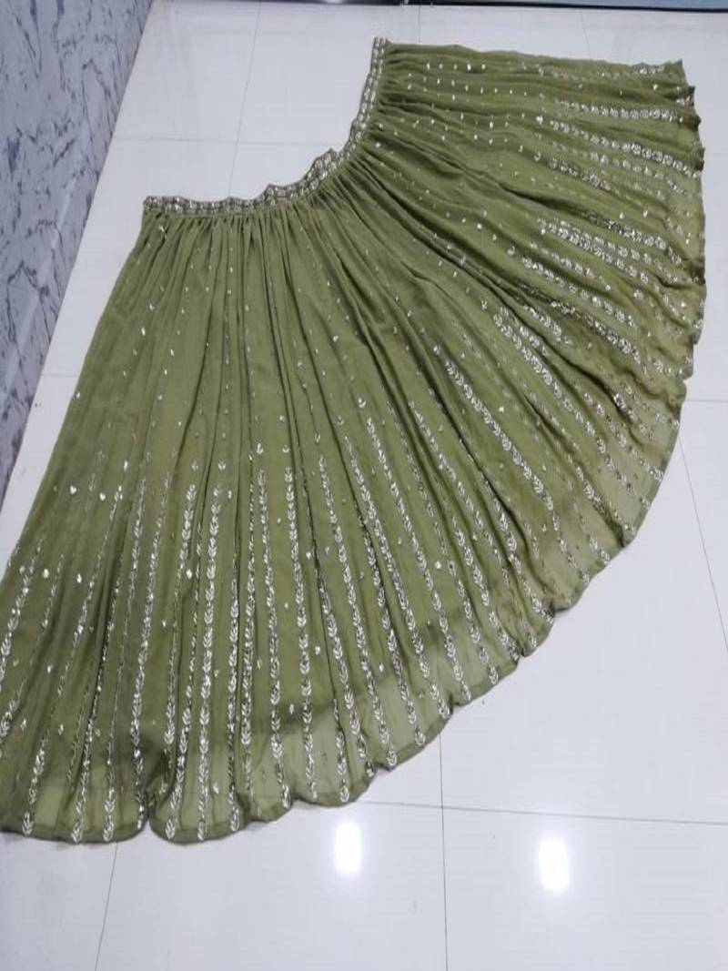 GLAMOROUS WOMEN'S OLIVE GREEN ZARI AND THREAD EMBROIDERED GEORGETTE SEMI STITCHEED LEHENGA