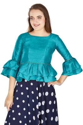 Firozi Art Silk Bell Sleeves attire with Poly Cotton Lining Blouse 1