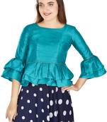 Firozi Art Silk Bell Sleeves attire with Poly Cotton Lining Blouse