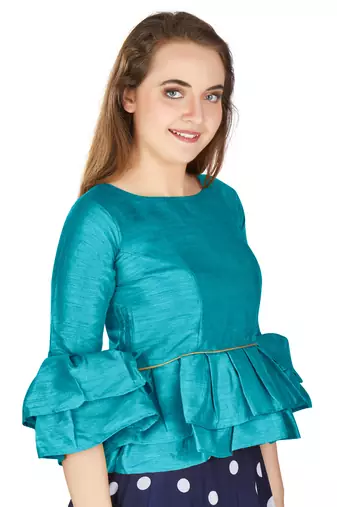 Firozi Art Silk Bell Sleeves attire with Poly Cotton Lining Blouse