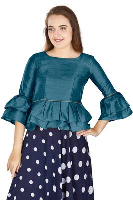 Teal Art Silk Bell Sleeves attire with Poly Cotton Lining Blouse 1