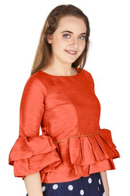 Orange Art Silk Bell Sleeves attire with Poly Cotton Lining Blouse 2