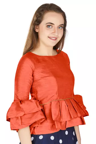 Orange Art Silk Bell Sleeves attire with Poly Cotton Lining Blouse