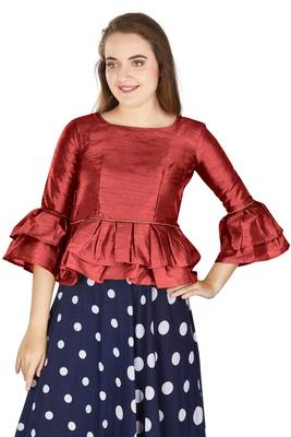 Maroon Art Silk Bell Sleeves attire with Poly Cotton Lining Blouse 1