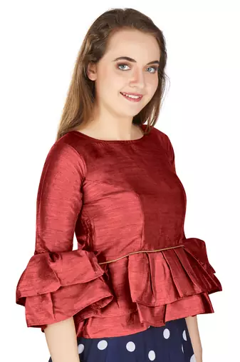 Maroon Art Silk Bell Sleeves attire with Poly Cotton Lining Blouse