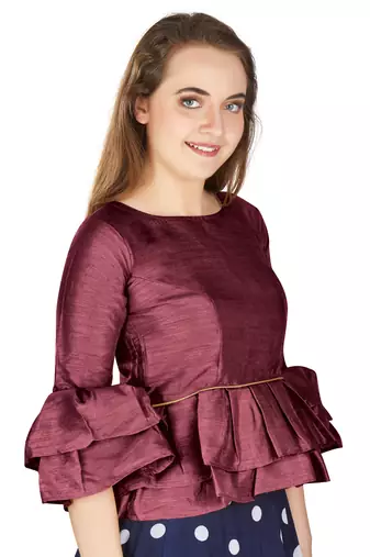 Wine Art Silk Bell Sleeves attire with Poly Cotton Lining Blouse