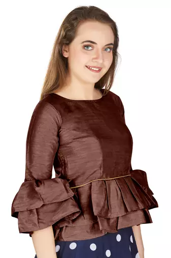 Coffee Art Silk Bell Sleeves attire with Poly Cotton Lining Blouse