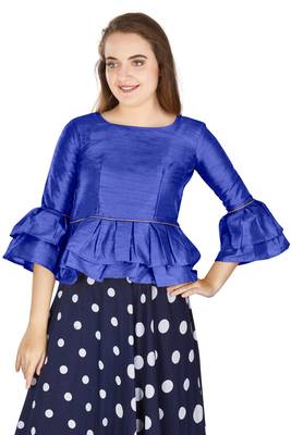 Blue Art Silk Bell Sleeves attire with Poly Cotton Lining Blouse 1
